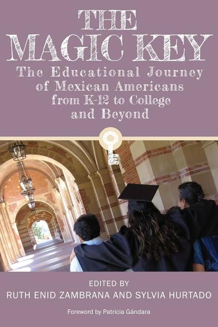 Lavender background with white writing. Book cover for the Magic Key.  A group of students walk down an ornate outdoor college walkway which their backs to the camera.